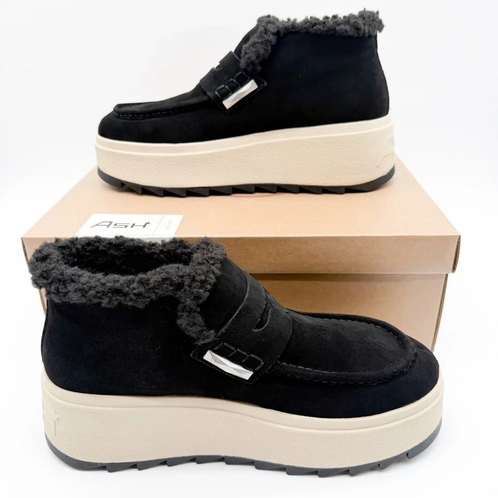 Ash Magic Moc Platform Lug Sole Ankle Boot Suede Shearling Black EU41 US 11 NEW
